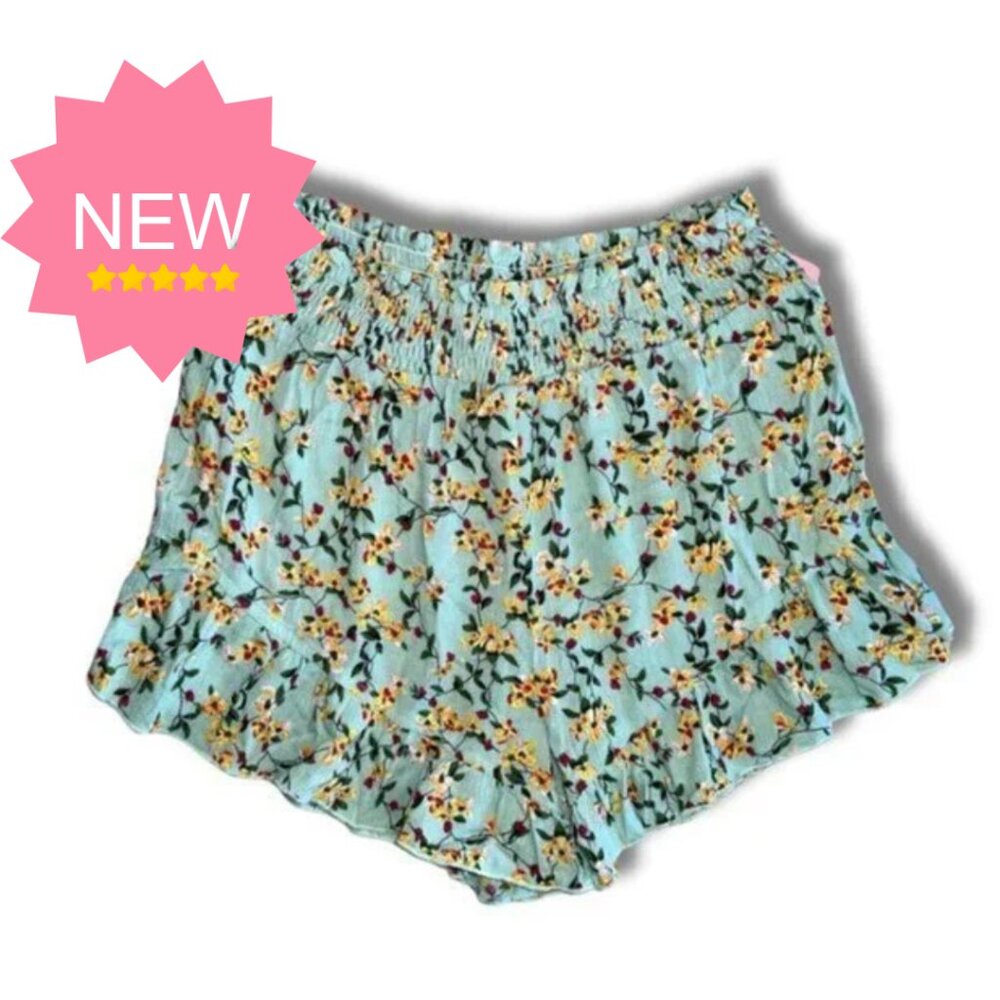 Mint Green Yellow Flowers Floral Ruffle Linen Shorts - Picture 2 of 11
